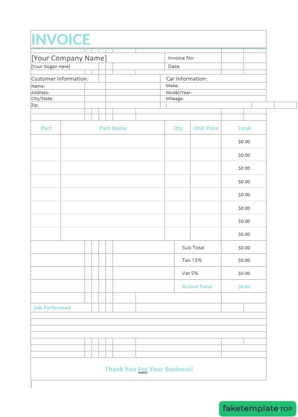 Feature of fake Auto Repair invoice example